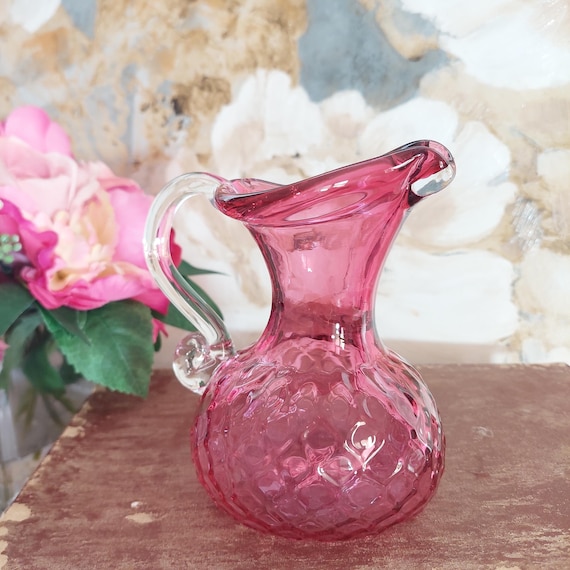 Chalet Cranberry Glass Quilted Pitcher with Clear Handle - Vintage Collectible Art Glassware Vase