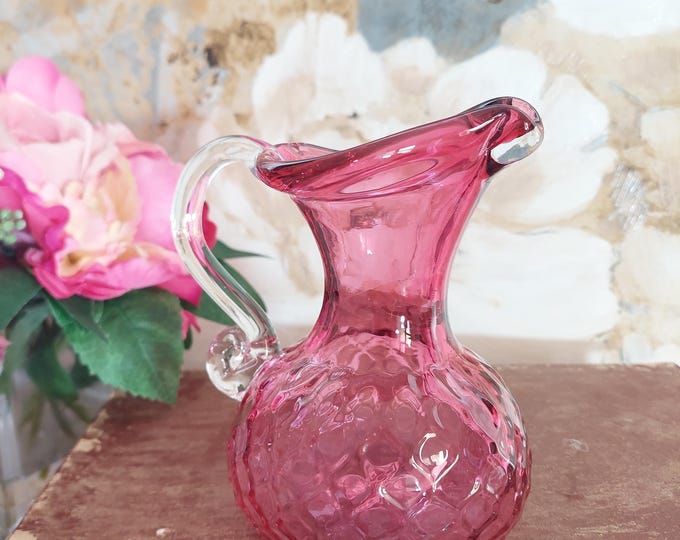 Chalet Cranberry Glass Quilted Pitcher with Clear Handle - Vintage Collectible Art Glassware Vase