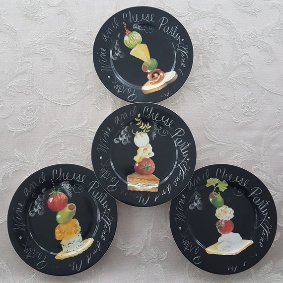 American Atelier Wine and Cheese Party Appetizer Side Plates Set of 4 Black Chalkboard Style