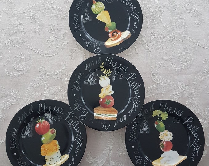 Set of 4 American Atelier Hors-d'oeuvre Appetizer Side Plates, Wine and Cheese Party Theme