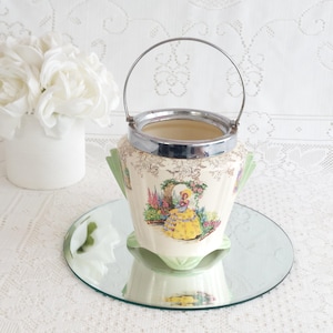 Vintage Art Deco Weatherby Biscuit Barrel, Crinoline Lady in Garden Scene Flower Vase