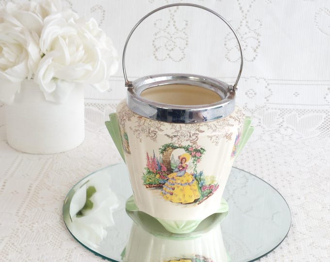 Vintage Art Deco Weatherby Biscuit Barrel, Crinoline Lady in Garden Scene Flower Vase