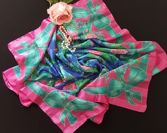 Square Head Scarf, Neck Scarf, Italian Square Scarf 34 x 33, Floral with Bows, Pink Teal Blue Royal Blue Scarf, Made in Italy, Gift for Her