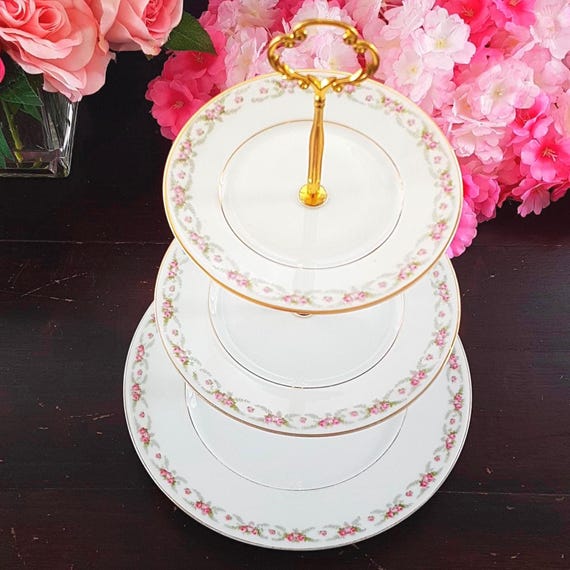 Antique Silesia Germany Porcelain 3-Tier Tiered Serving Stand, Gold Hardware