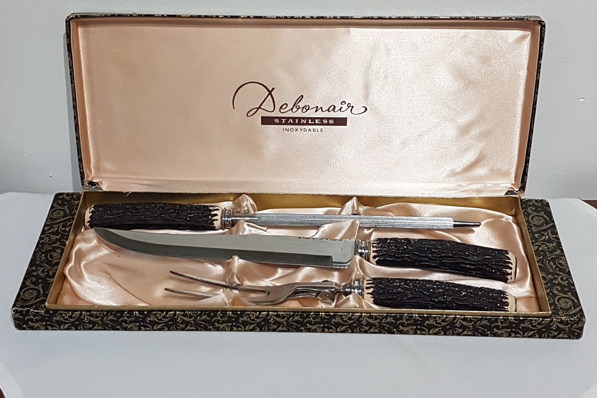 Vintage Debonair Meat Carving Set, Faux Antler, Original Box, Stainless Steel, Gift for Foodie