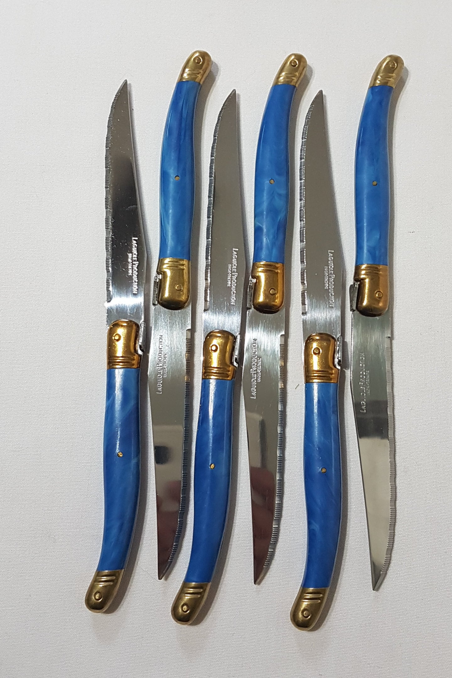 French Laguiole Steak Knife Set, Faux Blue Marble