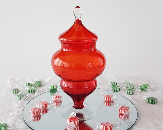 Vintage Red Blown Glass Candy Jar with Clear Glass Stem