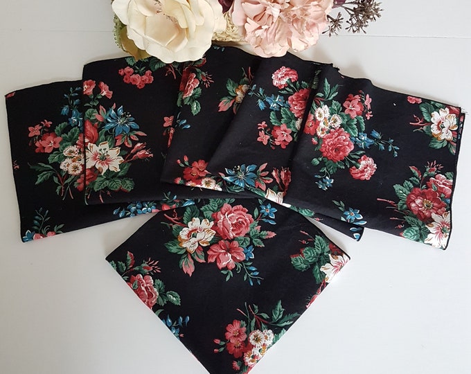 Black Floral Cloth Dinner Napkins, Set of 6 Vintage Printed Fabric Napkins