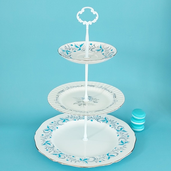 3 Tier Cake Stand Blue English Bone China Mismatched Tiered Tea Party Tray
