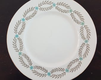 Bone China Heathcote ROMA Vintage Dinner Plates, Turquoise Flowers, Gray Leaves, England