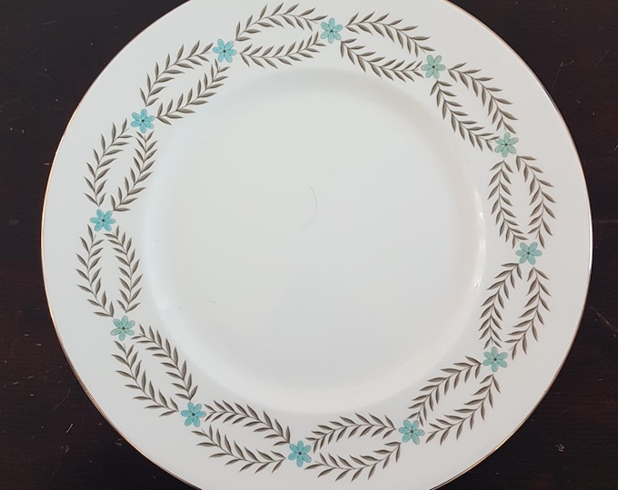 Bone China Heathcote ROMA Vintage Dinner Plates, Turquoise Flowers, Gray Leaves, England