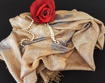Vintage Tan Brown Pashmina Shawl - Elegant Evening Wrap for Women - Large Silk Wedding Accessory
