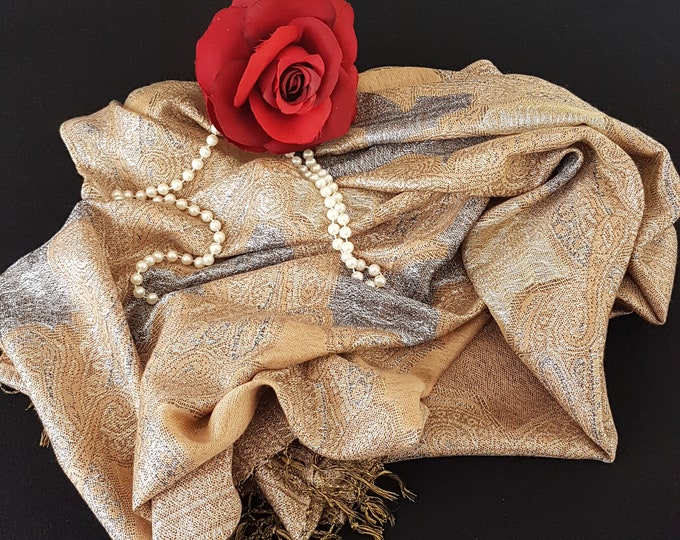 Pashmina Shawl, Vintage Pashmina Scarf, Tan Brown Evening Shawl, Pashmina Wrap, Gift for Her