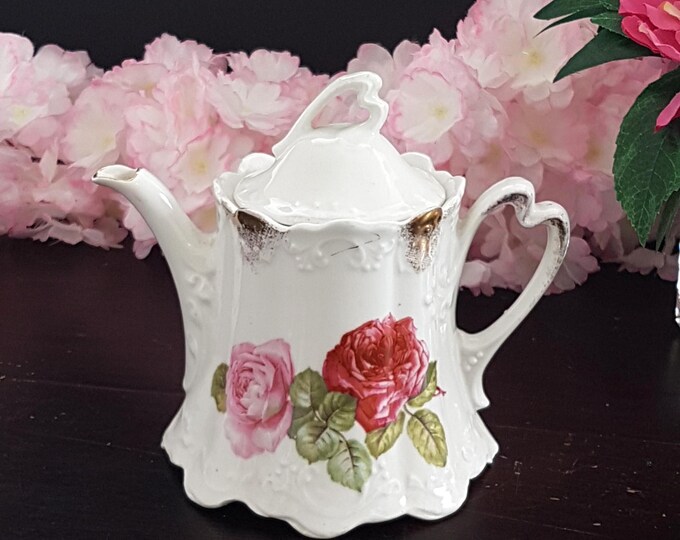 Vintage Victorian Style 2 Cup White Porcelain Teapot with Pink Roses