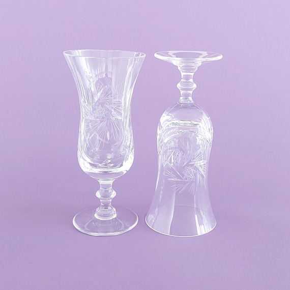 Vintage Bohemia Pinwheel Crystal Hurricane Glasses Set, Hand Cut Star Cocktail Goblets Stemware