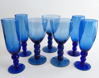 Cobalt Blue Hand Blown Wine or Champagne Glasses - Made in Mexico