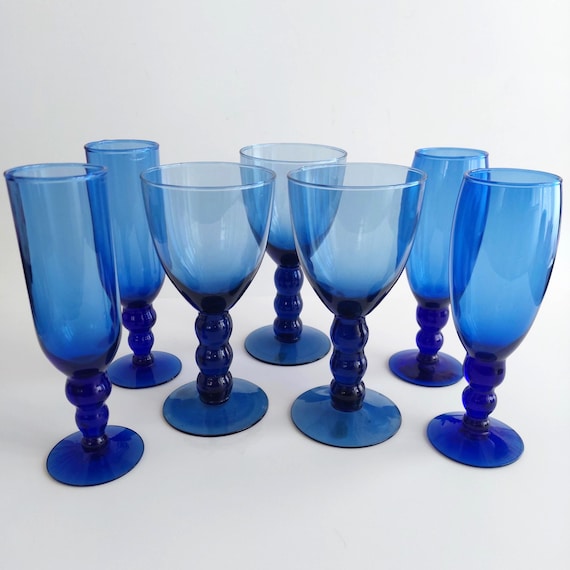 Vintage Cobalt Blue Hand-Blown Glassware with Bubble Stems - Wine or Champagne