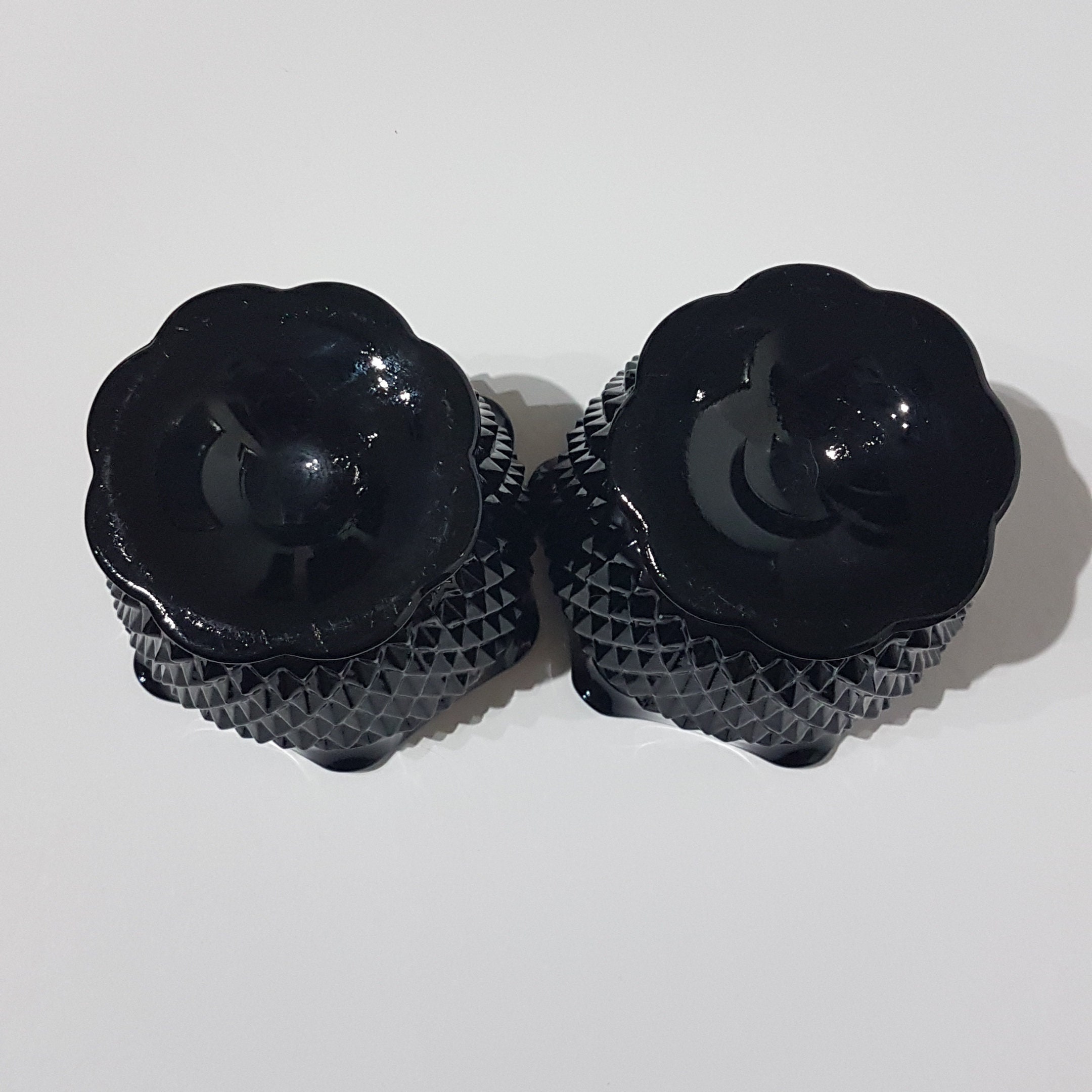 Pair of Candlestick Holders, Indiana Glass Cameo Black Diamond Point