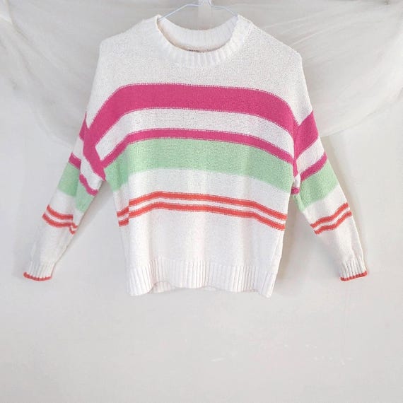 Northern Reflections Striped Knit Sweater - White, Pink & Green, Size Medium