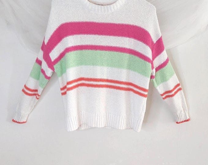 Northern Reflections Striped Knit Sweater - White, Pink & Green, Size Medium