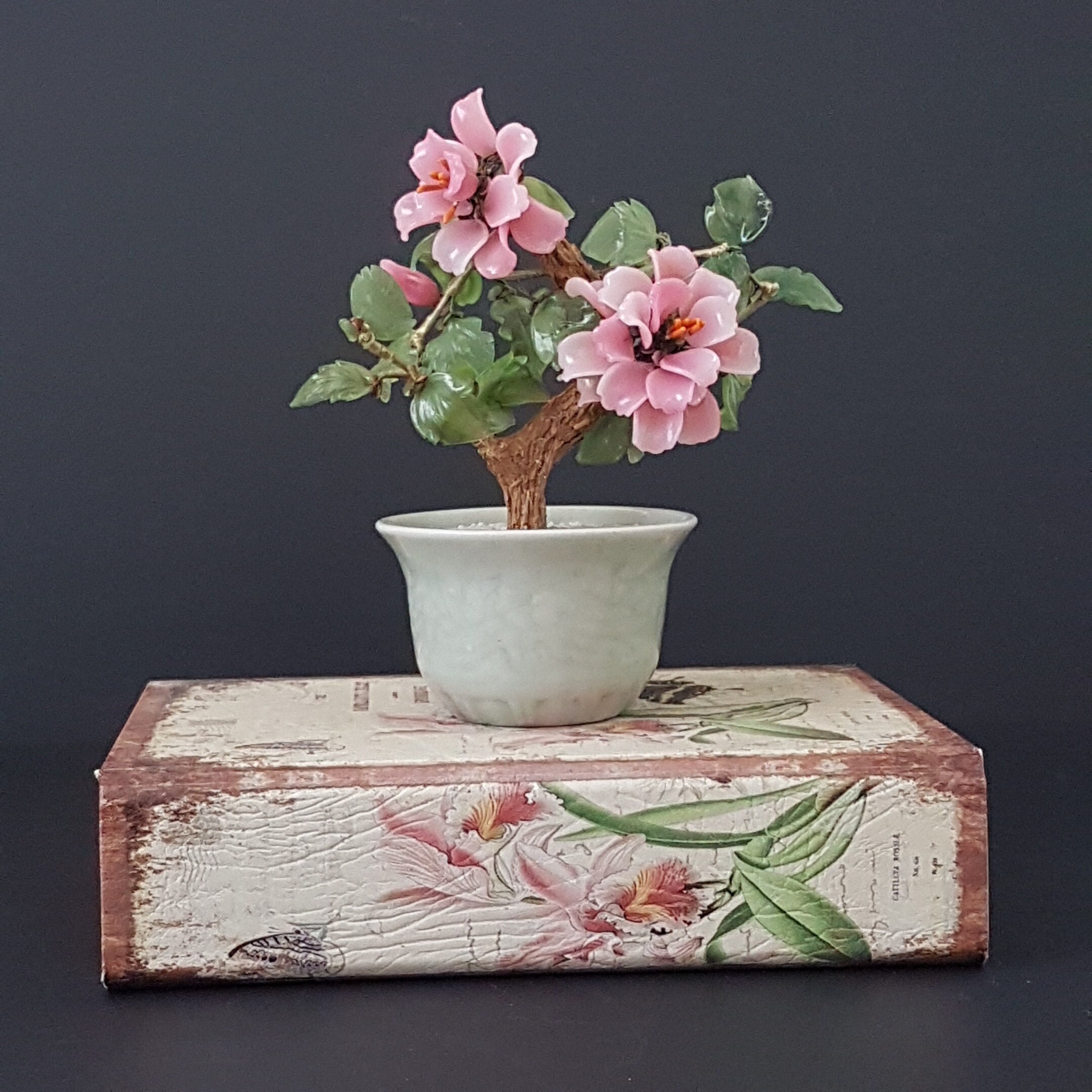 Vintage Glass Bonsai Tree, 6 x 5 Small Faux Flowering Bonsai, Oriental