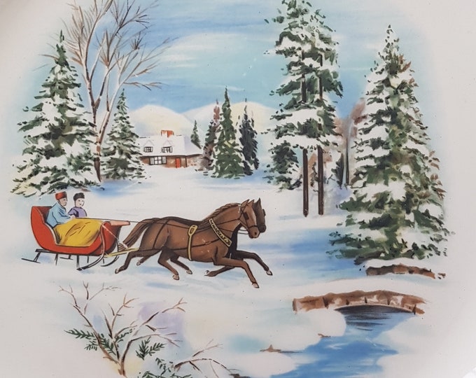 Sleigh Ride Dinner Plates, Royal Wessex Swinnertons CANADIANA, Set of 4 Vintage 9.75 inch Ironstone Plates, Made in England