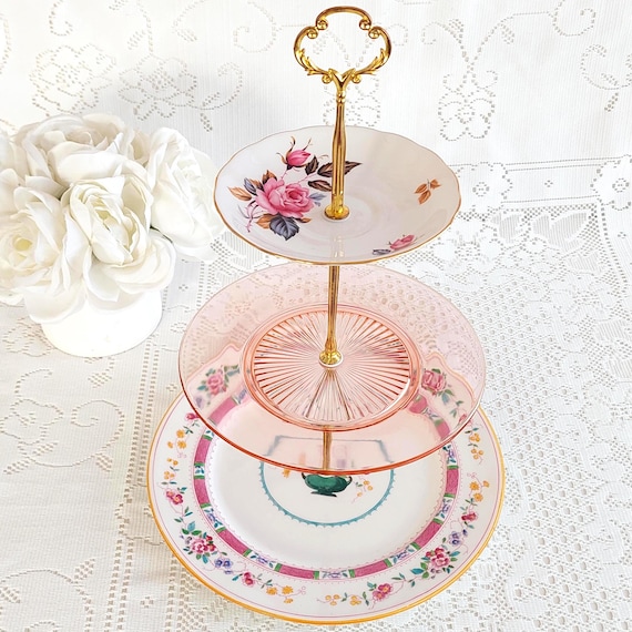 3 Tier Cake Stand Vintage Bone China Pink Glass Handmade