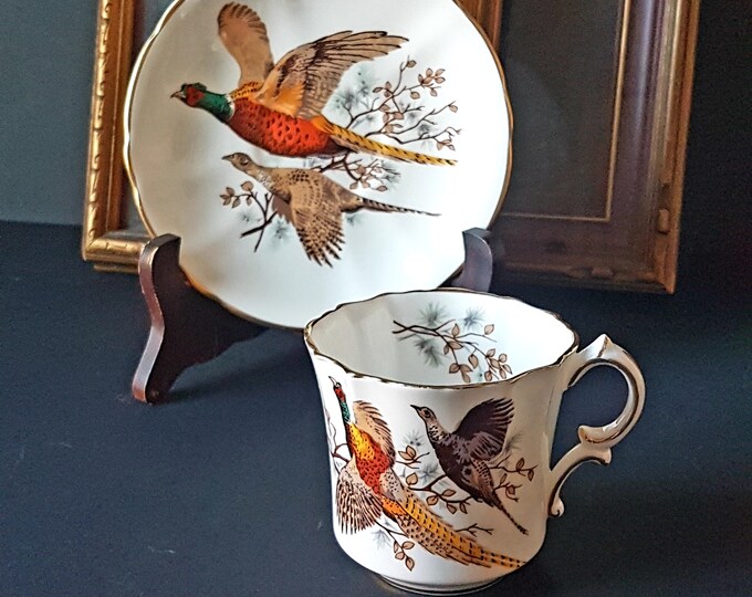 Tea Cup and Saucer, Pheasants Birds, Vintage Hammersley Pattern 5538, Bone China, Made in England, Tea Cup Gift for Him
