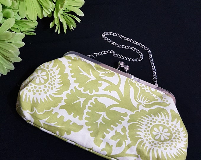 Evening Bag with 70s Style Apple Green Flowers, MOT DOT Textiles, Hang From Wrist Purse Converts to Clutch, Kiss Lock