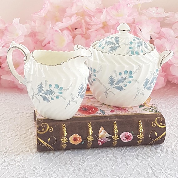 Vintage Aynsley Bone China Cream & Sugar Set: Las Palmas Blue Floral