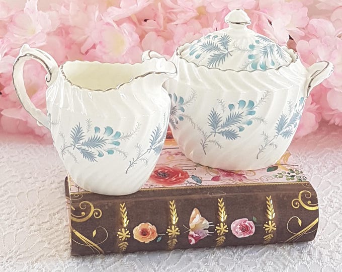 Vintage Aynsley Las Palmas 8274 Bone China Cream & Sugar Set -  Blue Floral English Tea Party Serving