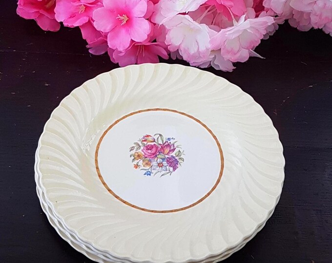 Vintage Burleigh Ware Dessert Plates: 1940s Pale Yellow Floral Set of 4 from England