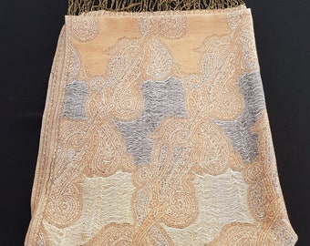 Elegant Vintage Tan & Taupe Paisley Pashmina Shawl - Metallic Jacquard Evening Scarf Wrap