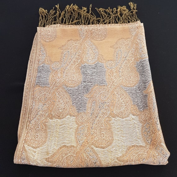 Elegant Vintage Tan & Taupe Paisley Pashmina Shawl - Metallic Jacquard Evening Scarf Wrap