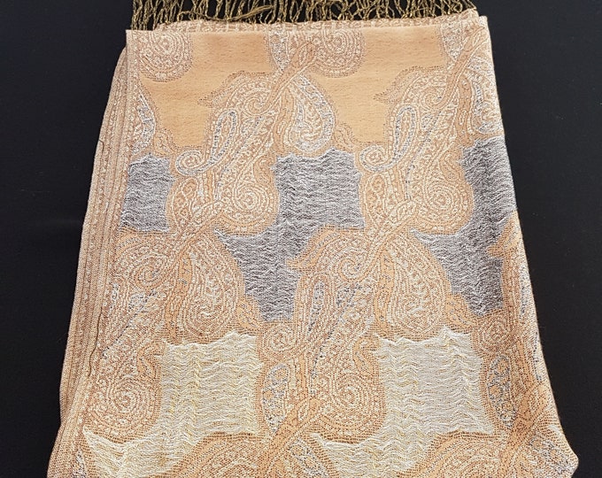Elegant Vintage Tan & Taupe Paisley Pashmina Shawl - Metallic Jacquard Evening Scarf Wrap