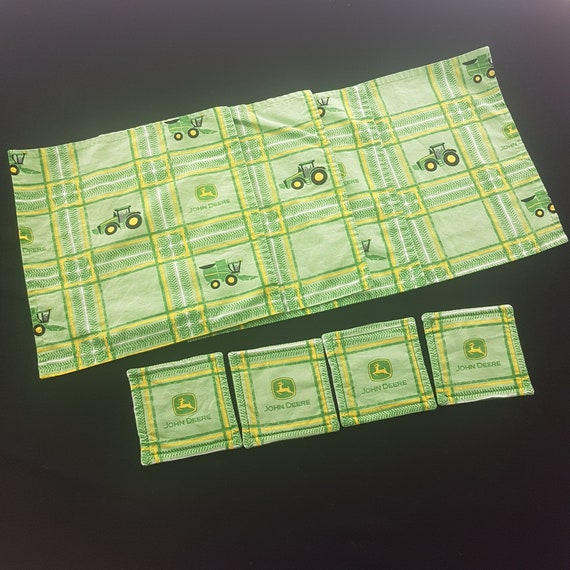 Vintage John Deere Cloth Napkins and Coasters Set Reversible Camo Green Tractor Gift