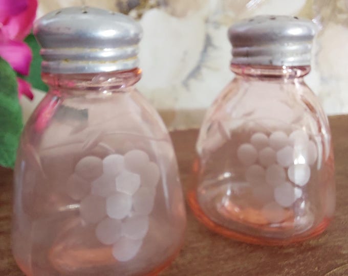 1930s Pink Depression Glass Salt & Pepper Shakers with Etched Grapes