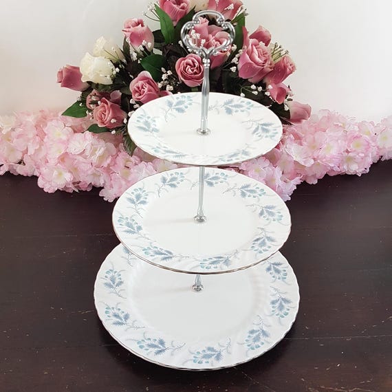 Aynsley Bone China 3 Tier Cake Stand | Blue Floral Vintage Dessert Tower
