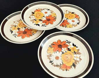 Vintage Stoneware Salad Plates Set of 4 Flower Power Mikasa Lafayette 70s