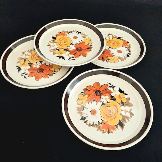 Vintage Stoneware Salad Plates Set of 4 Flower Power Mikasa Lafayette 70s