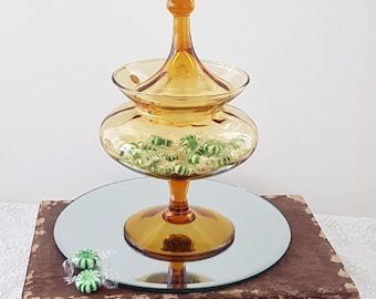 Vintage Italian Empoli Amber Glass Candy Dish with Circus Tent Lid - Mid-Century Apothecary Jar with Original Made in Italy Sticker