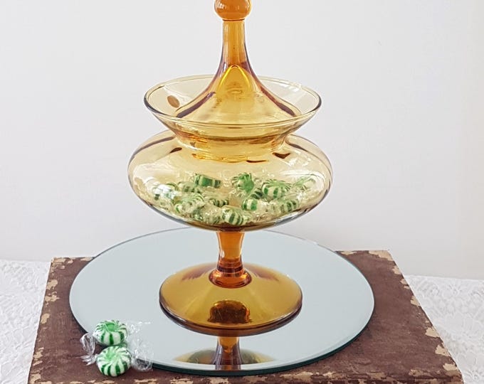 Vintage Italian Empoli Amber Glass Candy Dish with Circus Tent Lid - Mid-Century Apothecary Jar with Original Made in Italy Sticker
