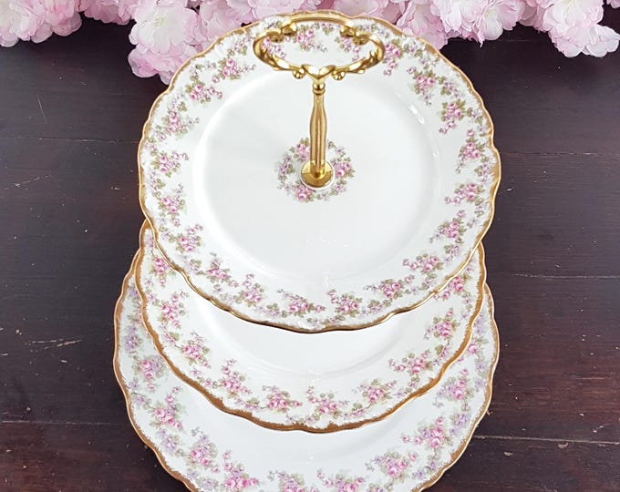 Limoges 3 Tier Cake Stand, Pink Bridal Wreath Rose Tiered Plates, Bridgerton Dessert Stand, Serving Tray