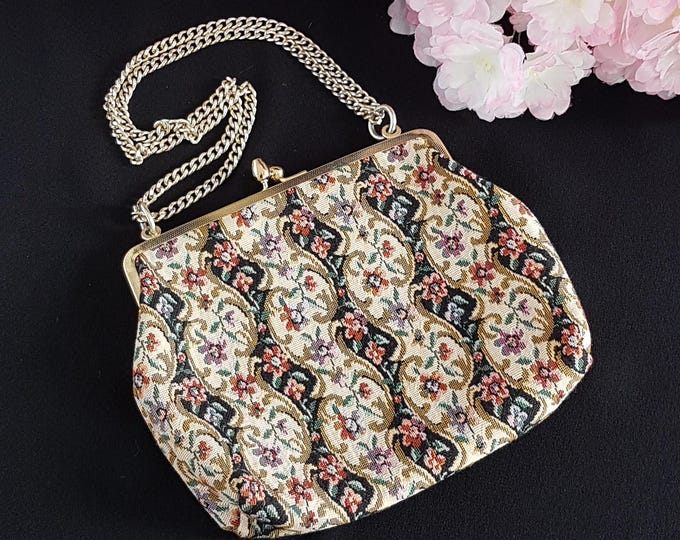 1960s Tapestry Evening Bag with Adjustable Chain, Hang From Wrist Purse Converts to Hang from Shoulder