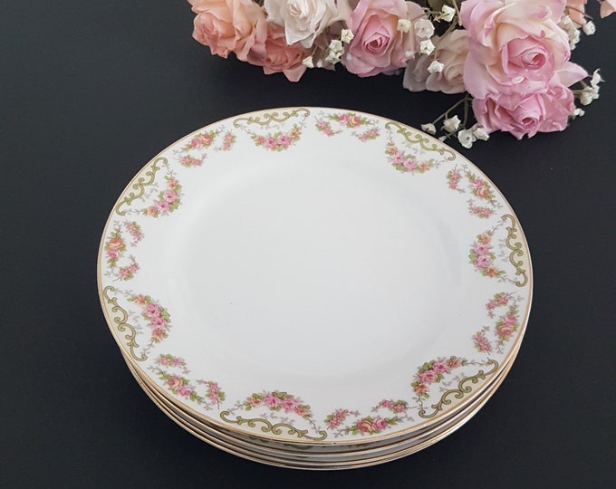 Salad Plates, Noritake BRIDAL WREATH, 7.75 Inch, Set of 4, Pink Yellow Rose Swags, Green Scrolls, Morimura Brothers, Nippon (Japan), 1912+