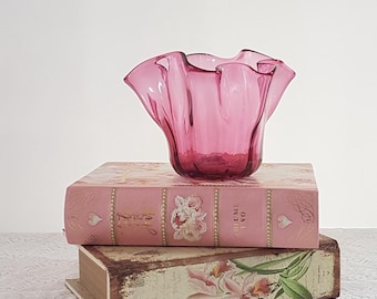 Pink Glass Candy Dish Bowl, Handkerchief Cranberry Glass Pillar Candle Holder