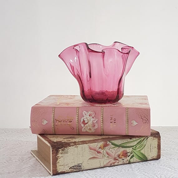 Pink Glass Candy Dish Bowl, Handkerchief Cranberry Glass Pillar Candle Holder