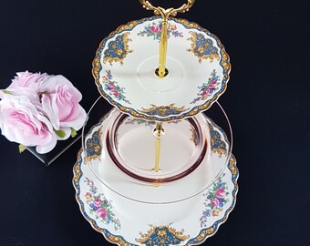 3 Tier Cake Stand, Mismatched Blue Floral Antique Plates and Pink Depression Glass, Tea Party Serving Tray