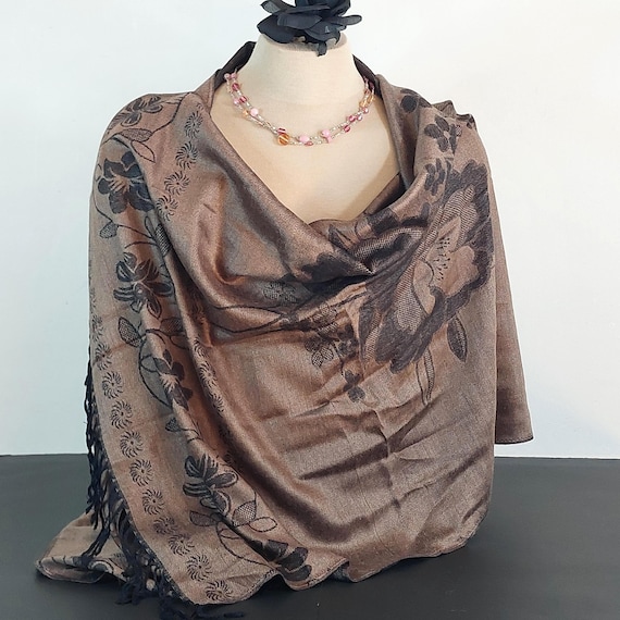 Brown Floral Pashmina Shawl, Reversible Rose Pattern Scarf, Soft Winter Wrap, Gift for Her