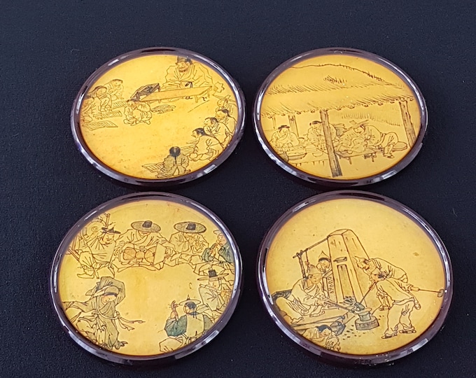 Vintage Formic Round Drink Coasters, Boxed Set of 4, Asian Themed Decor Gift